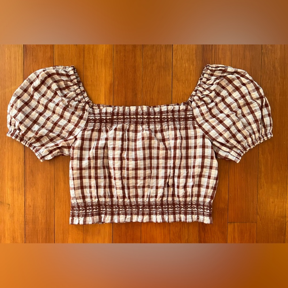 NWT Madewell Seersucker Jeanette Top in Plaid - Medium - Maroon - Ivory - Picture 7 of 7